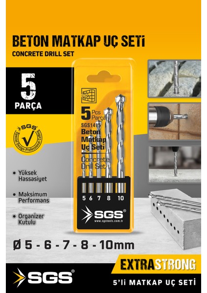 Elmas Beton Matkap Ucu Seti 5 Parça, Güçlü ve Dayanıklı Tavlanmış Çelik