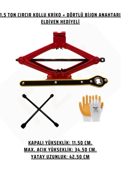 Araç Kaldırma Krikosu ve Bijon Anahtarı Seti, Eldiven Hediye