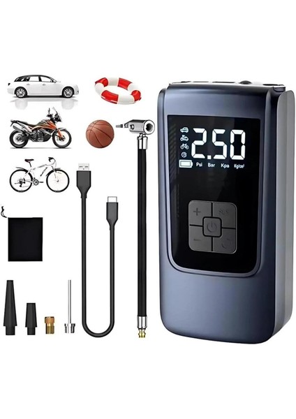 150PSI Şarjlı Top ve Bisiklet Hava Pompası, Led, Akıllı Powerbank