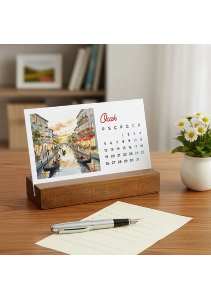 Italya Temalı 2026 Masa Takvimi | Rustik Ahşap Standlı Masaüstü Takvim