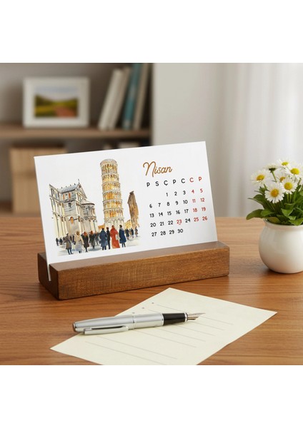 Italya Temalı 2026 Masa Takvimi | Rustik Ahşap Standlı Masaüstü Takvim fiyatları
