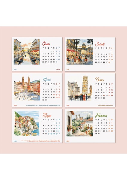 Italya Temalı 2026 Masa Takvimi | Rustik Ahşap Standlı Masaüstü Takvim modelleri