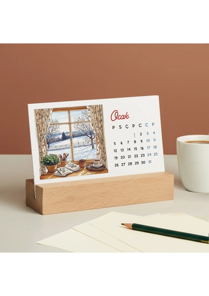 2026 Ahşap Masa Takvimi – Dört Mevsim Pencereden Manzaralı Illüstrasyonlar, Dekoratif Ahşap Standlı Takvim