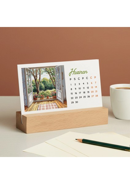 2026 Ahşap Masa Takvimi – Dört Mevsim Pencereden Manzaralı Illüstrasyonlar, Dekoratif Ahşap Standlı Takvim fiyatları