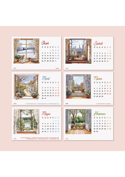 2026 Ahşap Masa Takvimi – Dört Mevsim Pencereden Manzaralı Illüstrasyonlar, Dekoratif Ahşap Standlı Takvim modelleri