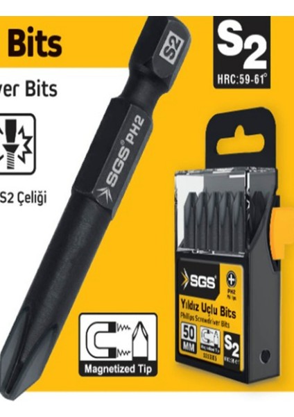 10 Adet Ph2 Yıldız Uçlu Bits, 50MM, S2 Çelik, Mıknatıslı, Dayanıklı