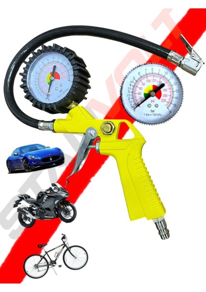 Havalı Kompresör Saatli Lastik Şişirme Tabancası, Jak Girişli, Güçlü ve Pratik