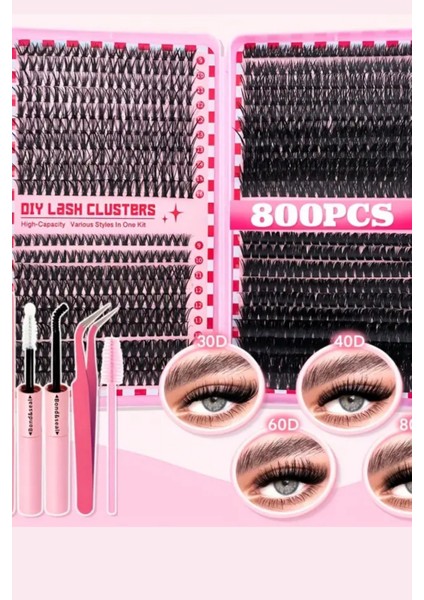 800 Parça Kendin Yap Kirpik Seti – 9-16mm Küme Kirpikler, Cımbız, Fırça ve Yapıştırıcı ile Birlikte Büyük Kapasiteli Kitap Seti indirimleri