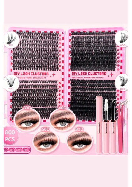 800 Parça Kendin Yap Kirpik Seti – 9-16mm Küme Kirpikler, Cımbız, Fırça ve Yapıştırıcı ile Birlikte Büyük Kapasiteli Kitap Seti