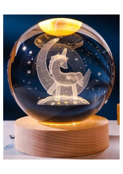 Dekoratif Ay içinde Unicorn Tasarımlı Ahşap Altlıklı Işıklı Cam Küre Cam:8cm Ahşap:2cm büyük boy