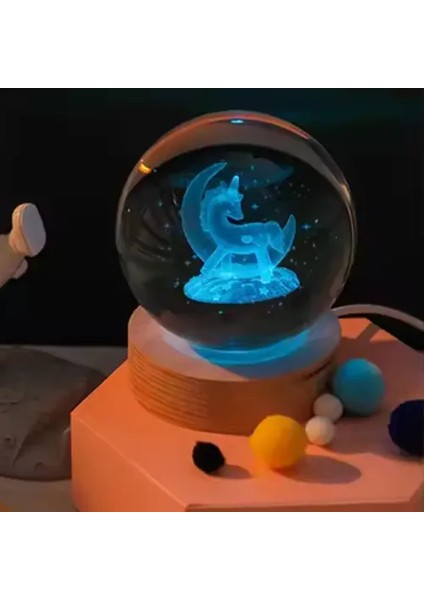 Dekoratif Ay içinde Unicorn Tasarımlı Ahşap Altlıklı Işıklı Cam Küre Cam:8cm Ahşap:2cm büyük boy fırsatları