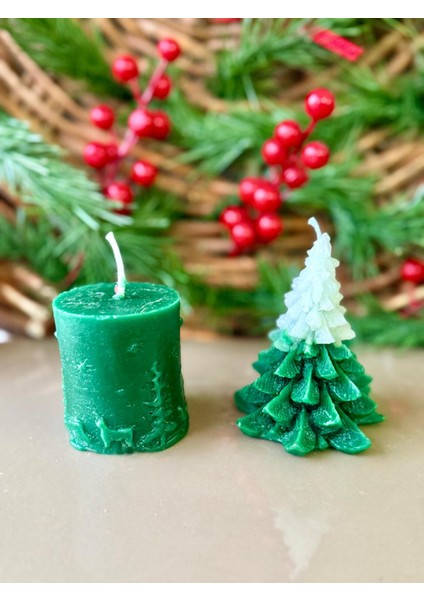 Yılbaşına Özel Mum 2'li Set (Çam Ağacı Mum ve Silindir Mum) Yılbaşı Konseptli, Hediyelik Yılbaşı Mum, Noel Mum , Yılbaşı Hediyesi