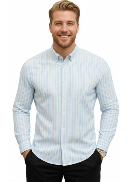 Erkek Mavi Çizgili Gofre Kumaş Dar Kesim Gömlek – Şık, Modern ve Rahat Gömlek 2501317