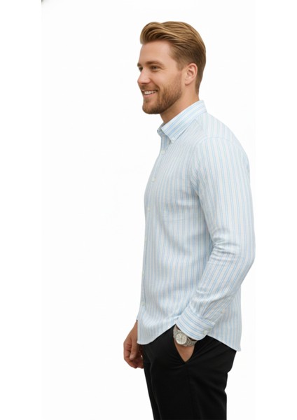 Erkek Mavi Çizgili Gofre Kumaş Dar Kesim Gömlek – Şık, Modern ve Rahat Gömlek 2501317 fiyatları