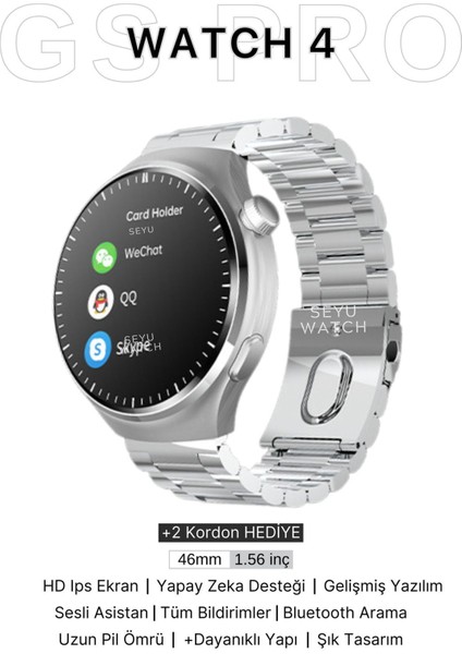 Çok Fonksiyonlu Gümüş Akıllı Saat, iPhone ve Android Uyumlu