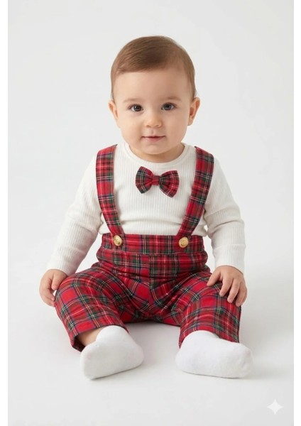 Erkek Bebek Yılbaşı Kıyafeti Kırmızı Kareli Askılı Pantolon ve Body Seti