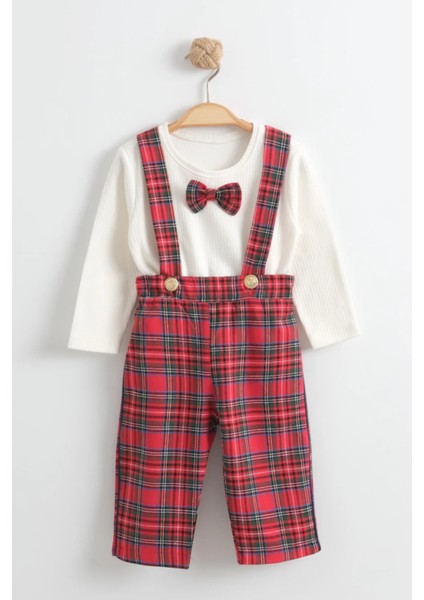 Erkek Bebek Yılbaşı Kıyafeti Kırmızı Kareli Askılı Pantolon ve Body Seti fiyatları