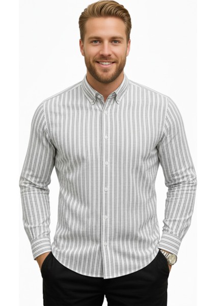 Erkek Gri Çizgili Gofre Kumaş Dar Kesim Gömlek – Şık, Modern ve Rahat Gömlek 2501317