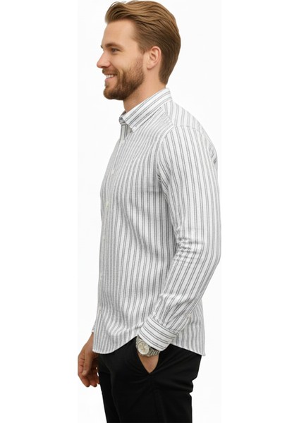 Erkek Gri Çizgili Gofre Kumaş Dar Kesim Gömlek – Şık, Modern ve Rahat Gömlek 2501317 fiyatları