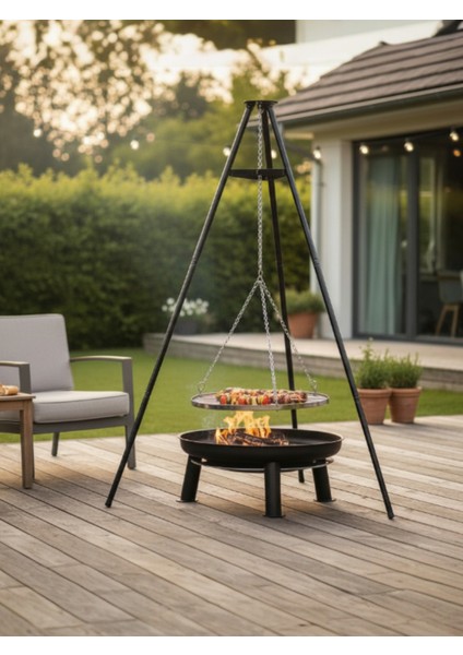 Ateş Çukurlu Mangal Tripod Izgara Ayarlanabilir Zincirli Mangal
