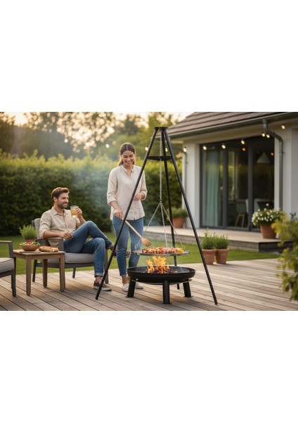 Ateş Çukurlu Mangal Tripod Izgara Ayarlanabilir Zincirli Mangal