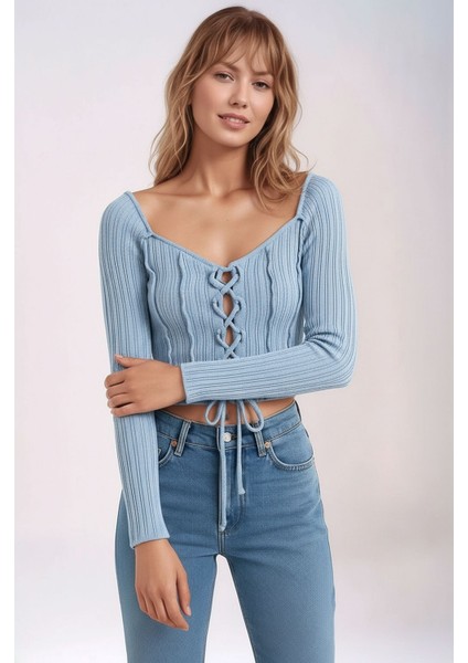Kadın Yuvarlak Yaka Önden Bağcıklı Uzun Kol Fitilli Crop Boy Spor Şık Bluz fiyatları