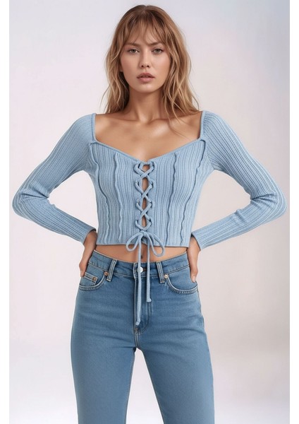 Kadın Yuvarlak Yaka Önden Bağcıklı Uzun Kol Fitilli Crop Boy Spor Şık Bluz modelleri