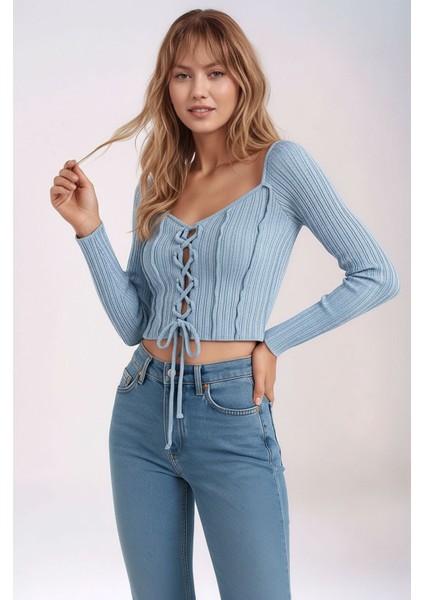 Kadın Yuvarlak Yaka Önden Bağcıklı Uzun Kol Fitilli Crop Boy Spor Şık Bluz fırsatları