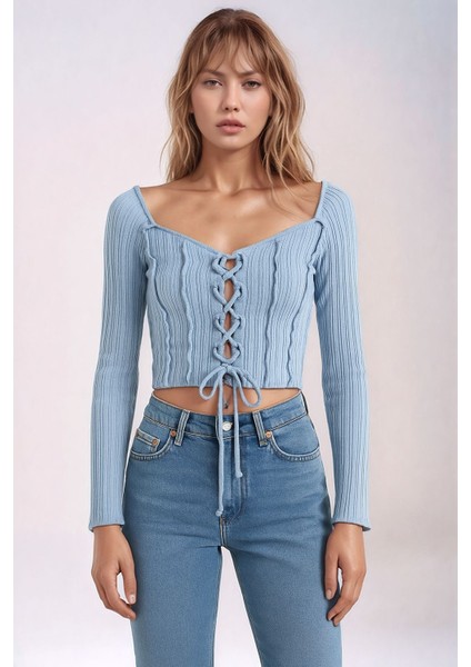 Kadın Yuvarlak Yaka Önden Bağcıklı Uzun Kol Fitilli Crop Boy Spor Şık Bluz indirimleri