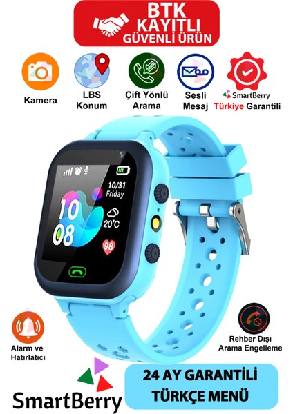 Çocuk Akıllı Saat, Sim Kartlı, Kamera ve Gizli Dinleme Özellikli, Mavi