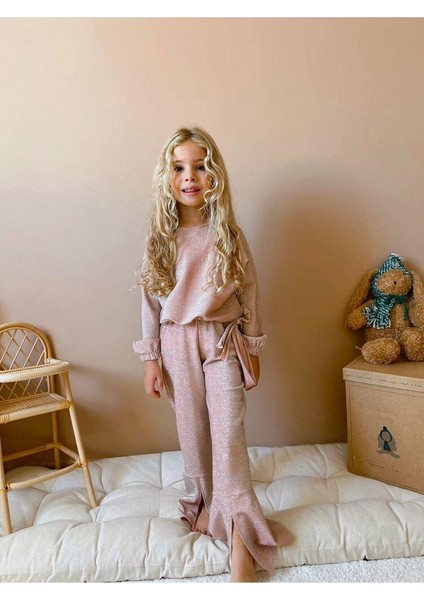 Kız Çocuk Ispanyol Paça Özel Gün Alt - Üst Takım Simli