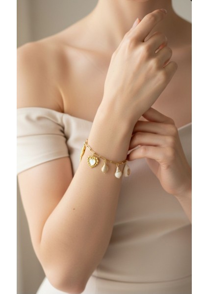 Kadın Kalp Balık ve Ay Detaylı Sallantılı Çelik Bileklik