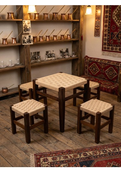 Örmeli Hasır Tabure ve Masa Takımı | 1 Masa - 4 Tabure