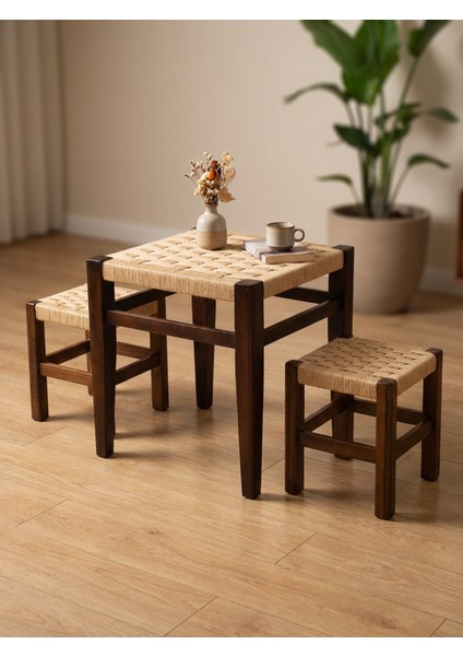 Örmeli Hasır Tabure ve Masa Takımı | 1 Masa - 2 Tabure