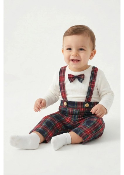 Erkek Bebek Yılbaşı Kıyafeti Kırmızı Kareli Askılı Pantolon ve Body Seti