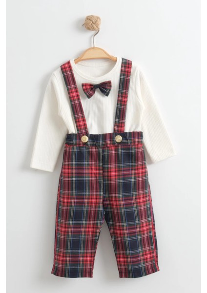 Erkek Bebek Yılbaşı Kıyafeti Kırmızı Kareli Askılı Pantolon ve Body Seti fiyatları