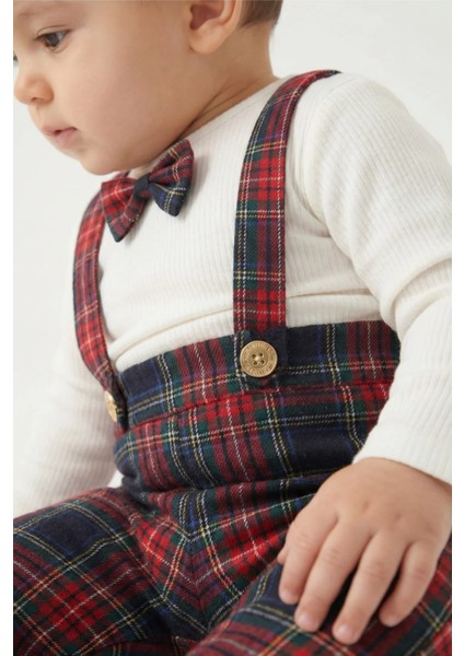 Erkek Bebek Yılbaşı Kıyafeti Kırmızı Kareli Askılı Pantolon ve Body Seti modelleri