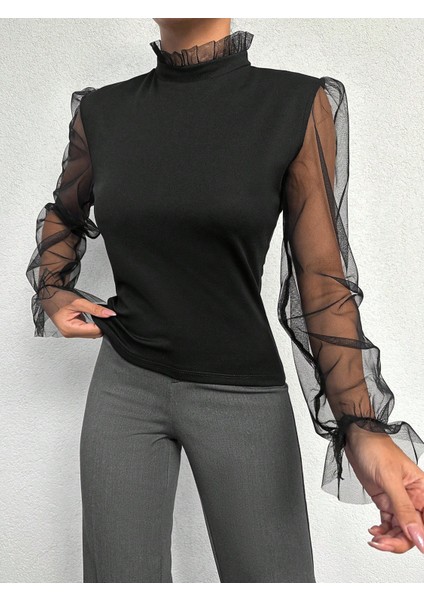 Kadın Yakası Fırfırlı Kolu Tül Esnek Örme Kumaş Bluz modelleri