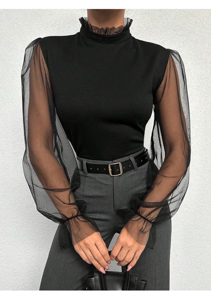 Kadın Yakası Fırfırlı Kolu Tül Esnek Örme Kumaş Bluz fırsatları