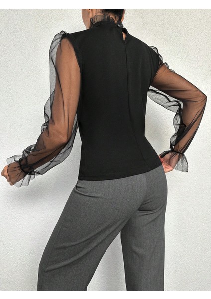 Kadın Yakası Fırfırlı Kolu Tül Esnek Örme Kumaş Bluz indirimleri