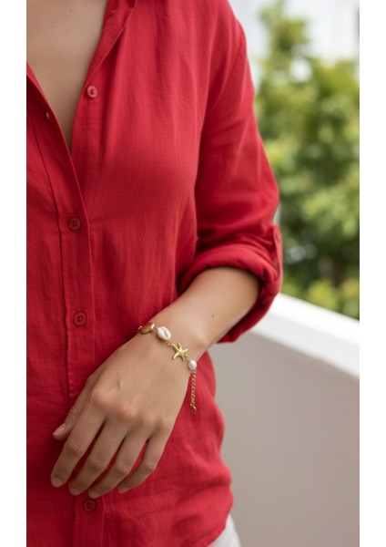 Kadın Deniz Kabuğu ve Deniz Yıldızı Detaylı Çelik Bileklik