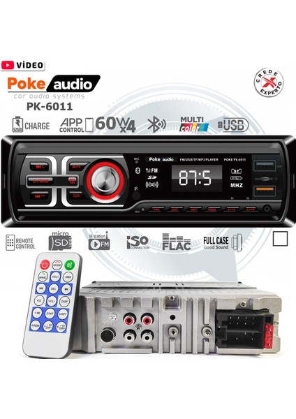 Oto Teyp 4X60 Watt Bt 2xusb Fm Şarjlı Aplikasyonlu Poke PK-6011