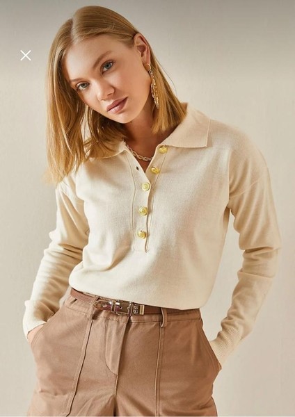 Polo Yaka Düğmeli Triko Kazak