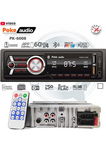 Oto Teyp 4X60 Watt Bt Dual USB Fm Aplikasyonlu Poke PK-6008