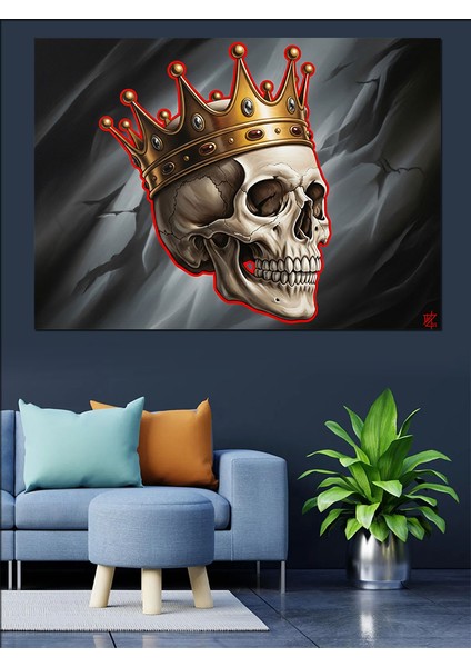 Taçlı Kurukafa Kırmızı Detaylar ve Hareketli Koyu Fon Dekoratif Kanvas - Mdf Ahşap Tablo