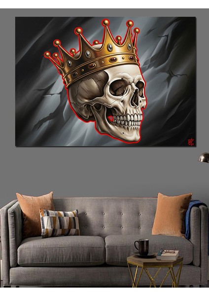Taçlı Kurukafa Kırmızı Detaylar ve Hareketli Koyu Fon Dekoratif Kanvas - Mdf Ahşap Tablo fiyatları