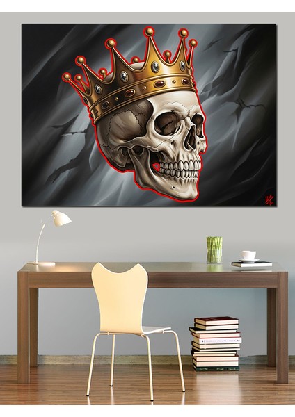 Taçlı Kurukafa Kırmızı Detaylar ve Hareketli Koyu Fon Dekoratif Kanvas - Mdf Ahşap Tablo modelleri