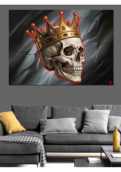 Taçlı Kurukafa Kırmızı Detaylar ve Hareketli Koyu Fon Dekoratif Kanvas - Mdf Ahşap Tablo fırsatları