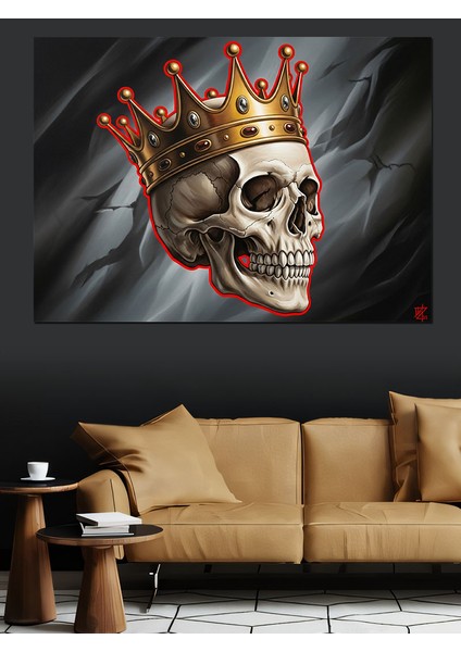 Taçlı Kurukafa Kırmızı Detaylar ve Hareketli Koyu Fon Dekoratif Kanvas - Mdf Ahşap Tablo indirimleri