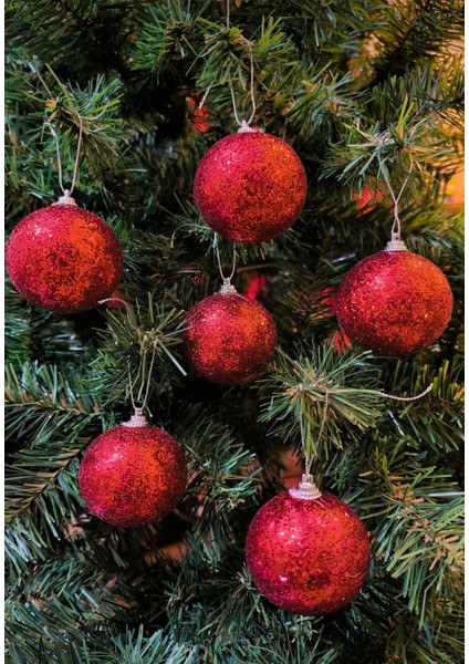 6’lı Simli Kırmızı Yılbaşı Ağacı Topu – 6 cm